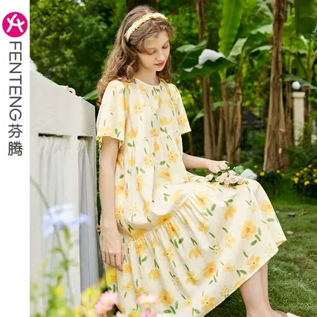 芬腾睡裙女夏季薄款梭织棉质中长裙甜美清新宽松可外穿家居服睡衣商品大图