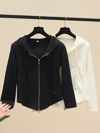 2023春秋新款纯色连帽t恤女长袖韩版修身显瘦短款开衫拉链上衣潮商品大图