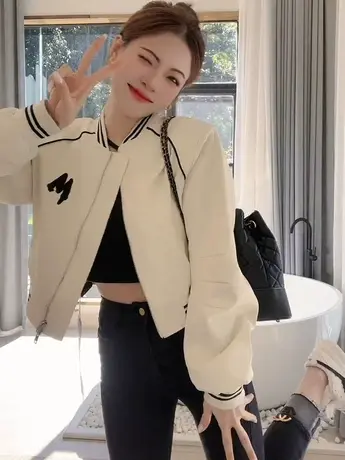 美式复古字母棒球服拉链长袖外套女春季简约百搭高级感开衫夹克衫商品大图