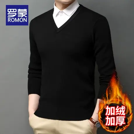罗蒙男装加绒加厚羊毛衫男秋冬季新款V领毛衣宽松保暖针织打底衫图片