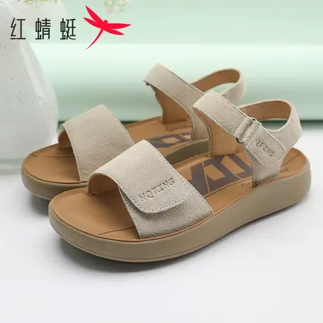 红蜻蜓女鞋2025夏季新款一字带魔术贴平底鞋厚底软底休闲露趾凉鞋图片