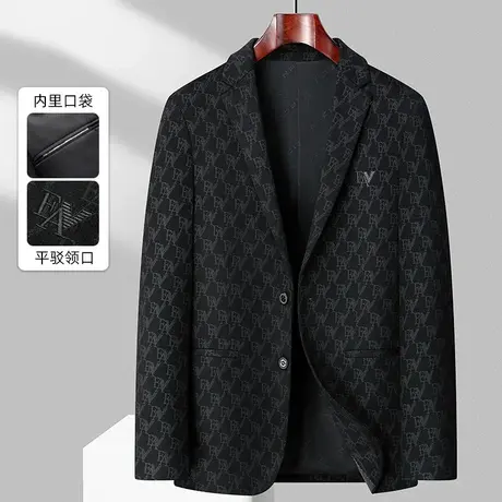 男装春秋款微弹力西服黑色轻奢提花字母小西装男外套西装修身版型商品大图