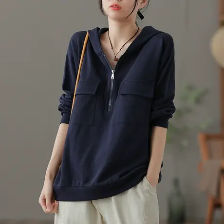 dza 复古宽松短款连帽卫衣女士2023秋季新款漂亮显瘦口袋上衣外套图片