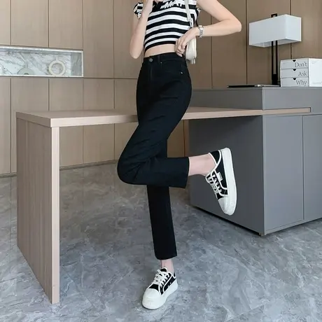 唐狮春秋季新款女牛仔裤修身直筒裤高腰弹力黑色烟管裤百搭裤子图片