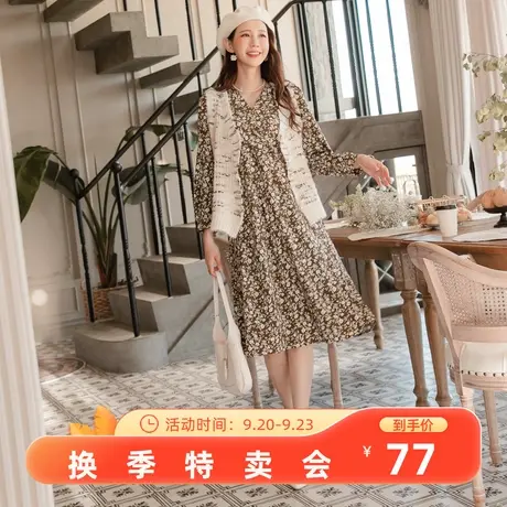 桔熊春秋季韩版复古碎花V领飘逸收腰长款连衣裙子女装大码DA8938图片