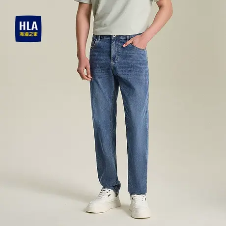HLA/海澜之家棉弹五袋款牛仔裤2025春夏季新款刺绣直筒长裤子男士图片