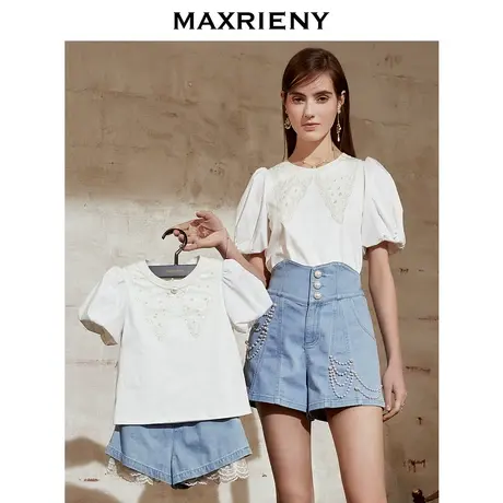 MAXRIENY女童装珍珠水洗牛仔裤夏季复古高腰直筒短裤显瘦商品大图