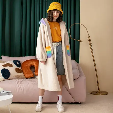 秋鹿【抗静电】可爱连帽珊瑚绒家居服女秋冬睡衣加厚睡袍宽松浴袍商品大图
