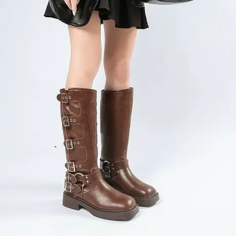 胖mm大筒围不过膝长靴女粗跟高筒粗腿骑士靴棕色复古西部牛仔靴子商品大图