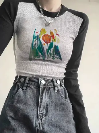 辣妹装复古街头风修身长袖T恤女chic插肩袖打底衫潮ins别致上衣秋商品大图