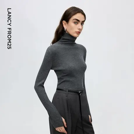 朗姿设计感修身羊毛高领针织衫女士安克拉红打底衫2025年冬季新款商品大图