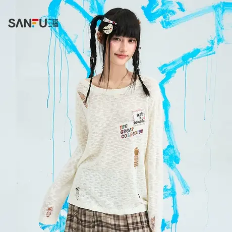 三福毛衣2025秋季破洞设计织唛小标宽松圆领上衣女装508133图片