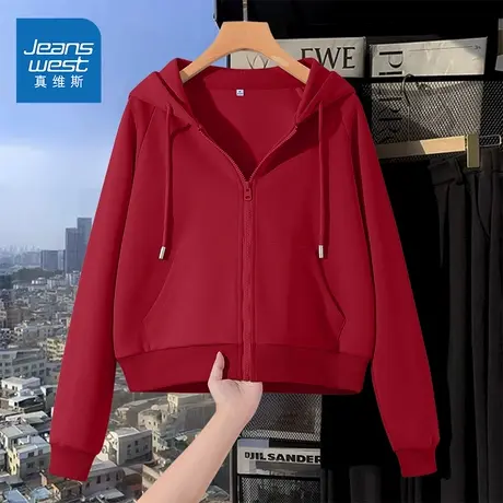 KMV真维斯红色连帽卫衣女2025新款秋季小个子休闲宽松短款外套女商品大图
