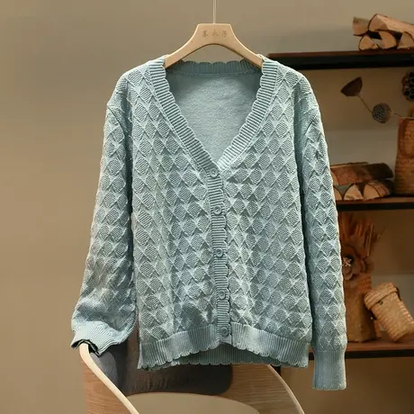 享永子【实用主义】全棉线菠萝针织开衫 纯色通勤V领休闲上衣女商品大图