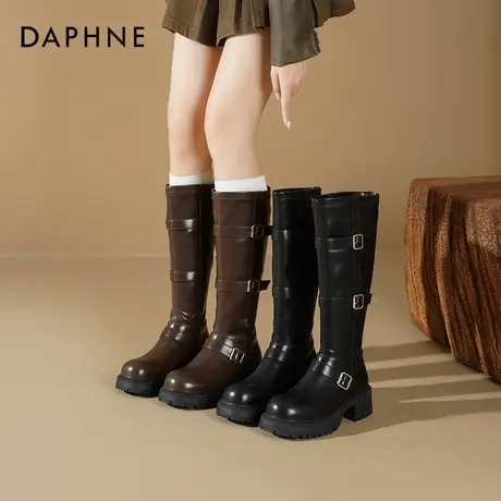 达芙妮厚底长筒靴女2025新款秋冬复古棕色皮带扣长靴子高筒骑士靴商品大图
