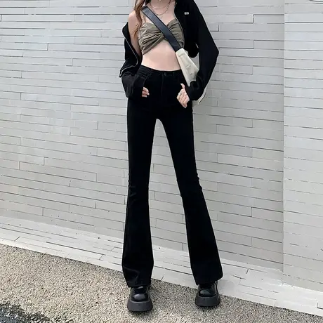 唐狮黑色牛仔裤女春秋季新款修身百搭微喇裤高腰显瘦阔腿长裤子GT商品大图