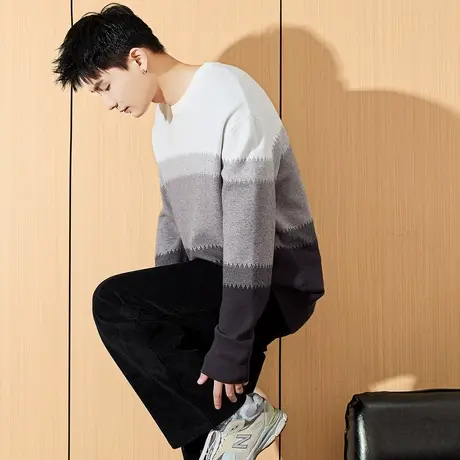 唐狮秋冬新款撞色拼接男士毛衣复古潮流圆领商务休闲男装毛衫TE商品大图