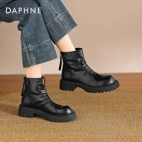 达芙妮厚底短靴女2026冬季新款加绒英伦风马丁靴粗跟瘦瘦靴烟筒靴商品大图