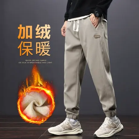 冬季2023年新款加绒加厚保暖束脚休闲长裤子秋冬款男生卡其色卫裤商品大图