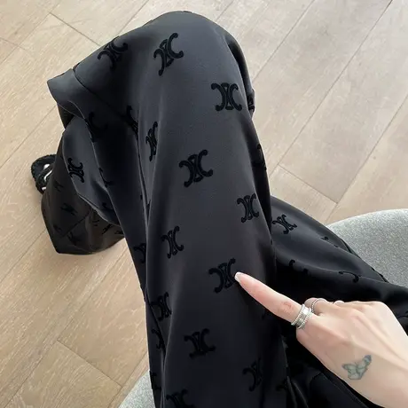 黑色提花高腰加绒阔腿裤女秋冬新款休闲宽松加厚西装直筒拖地裤子商品大图