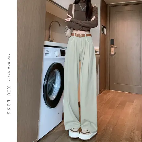 卡其色直筒牛仔裤女秋季2023新款美式流行裤子梨形显瘦垂感阔腿裤图片