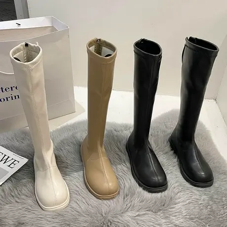 网红靴子女长靴2023年秋冬新款欧货高筒长筒骑士瘦瘦靴白色马丁靴图片