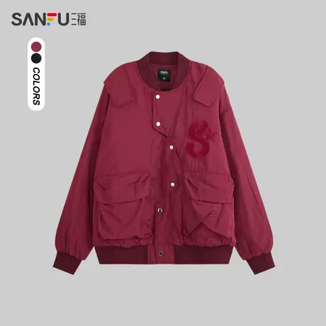 三福2023冬男士不规则暗扣飞行员短棉衣 宽松棒球领外套478026商品大图