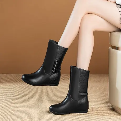 头层牛皮短靴女秋冬新款平底内增高圆头靴子一脚蹬黑色真皮中筒靴商品大图