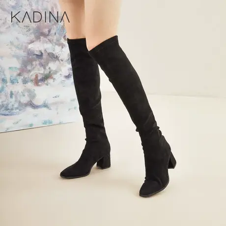 卡迪娜冬季新款时尚方头粗跟女鞋高筒过膝套脚时装靴KLA00206商品大图