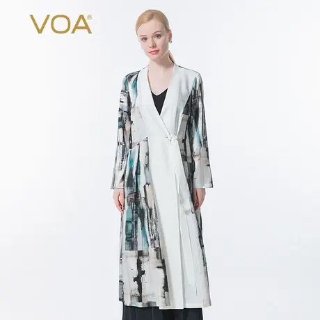 VOA真丝印花弹力缎褶皱提花撞料拼接绑带门襟宽松熟女桑蚕丝外套商品大图