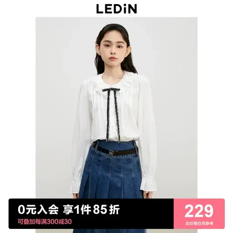 乐町蝴蝶结系带拉夫领衬衫2023年秋季新款女生纯棉可爱甜美衬衣图片