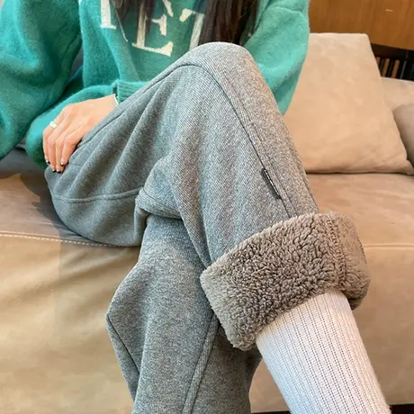 灰色羊羔绒运动裤女秋冬季加绒卫裤宽松显瘦休闲加厚保暖束脚裤子商品大图