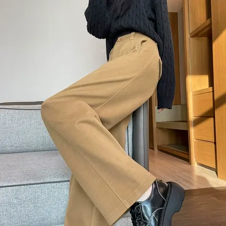 加厚毛呢阔腿裤女秋冬高腰显瘦中缝休闲直筒裤垂感羊绒呢子女裤子商品大图