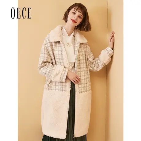 Oece秋冬新款女装 复古高阶感毛绒拼接英伦格纹御寒长款外套商品大图