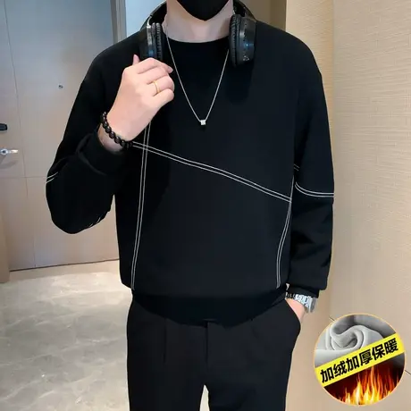 秋冬款加绒保暖卫衣宽松套头上衣ins明线设计感潮牌加厚内搭t恤图片