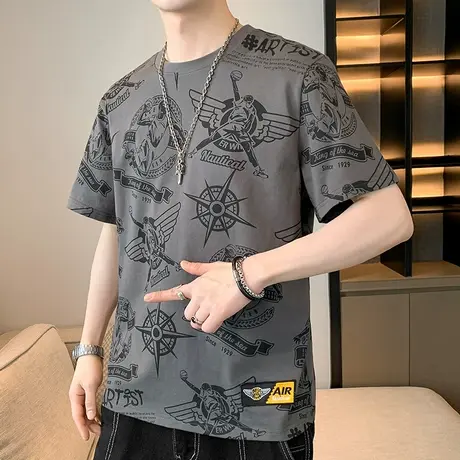 男士短袖t恤圆领宽松印花夏季纯棉打底衫潮牌休闲半袖体恤上衣服T商品大图