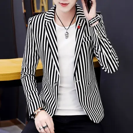 发型师春季男装西装韩版潮流条纹小西服男夜场帅气休闲单上衣外套商品大图