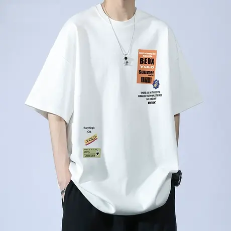 夏季青少年棉感短袖T恤宽松高中生潮牌初中学生大童男装帅气体恤商品大图