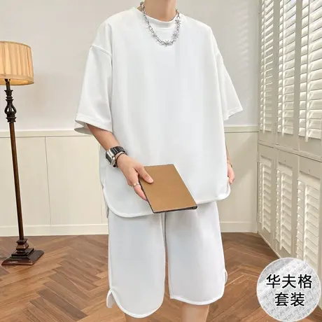 男生冰丝华夫格套装青少年夏季纯色休闲运动衣服短裤短袖T恤潮牌商品大图