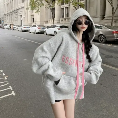 chic港风连帽卫衣女春秋季新款胖mm大码小众慵懒风外套潮ins200斤商品大图