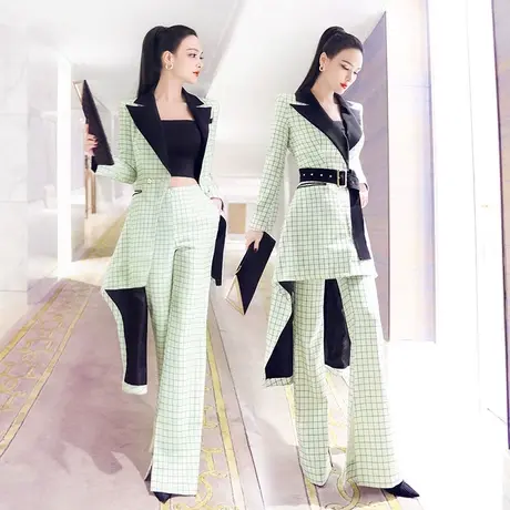 VJE秋季格子风衣女薄款新款洋气时尚造型修身过膝中长款外套图片