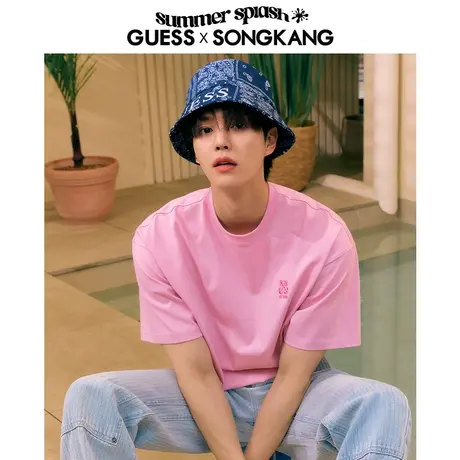 【38上新季】【 明星同款】GUESS夏男士纯色印花字母重磅T恤商品大图