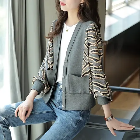 宝诗黎V领蝙蝠袖印花拼接开衫新款秋季时尚百搭外套别致显瘦上衣商品大图