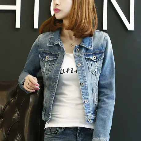 牛仔外套女短款修身韩版潮显瘦学生长袖春秋牛仔服上衣破洞大码6图片
