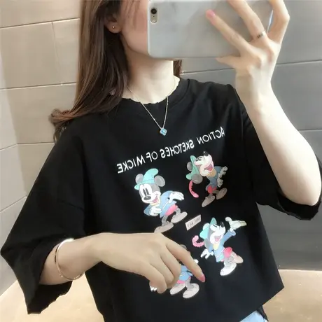 欧洲站2023年夏季新款女网红卡通印花t恤女薄款宽松打底衫女百搭商品大图