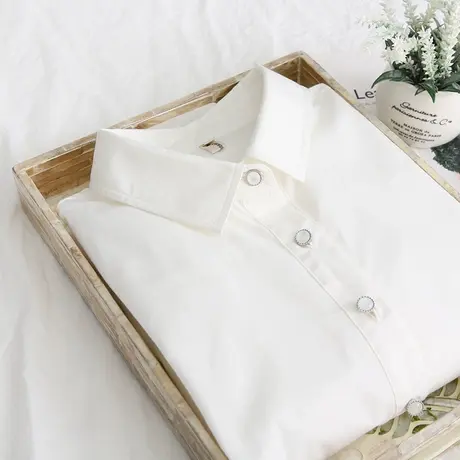 春秋韩版小清新文艺珍珠扣纯色白衬衫女学生职业百搭修身打底衬衣商品大图