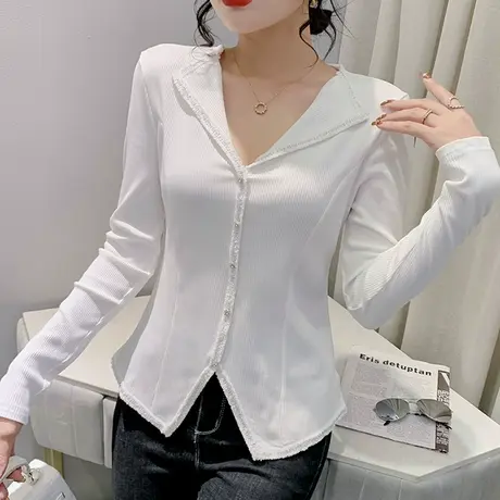 性感V领打底衫女内搭秋冬长袖设计感小众下摆开叉上衣洋气修身T恤商品大图