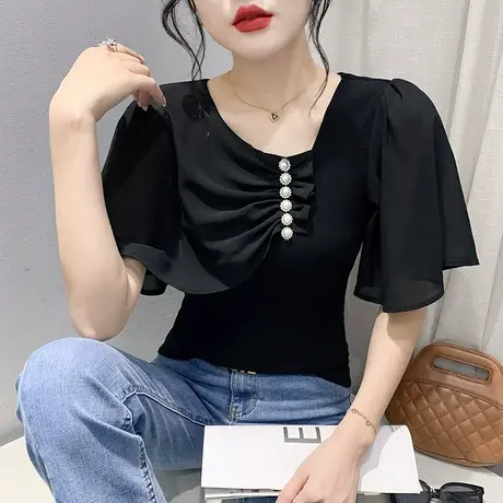 雪纺拼接五分袖T恤女欧货气质设计感小众上衣斜领修身小衫中袖夏商品大图