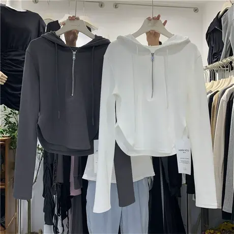 半拉链连帽短款卫衣女2022春秋新款韩版洋气纯色百搭气质显瘦外套商品大图