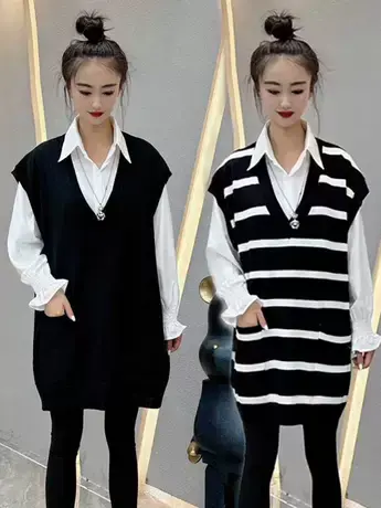 秋季新款女无袖时尚洋气针织毛衣马夹背心设计感条纹马甲上衣外套商品大图